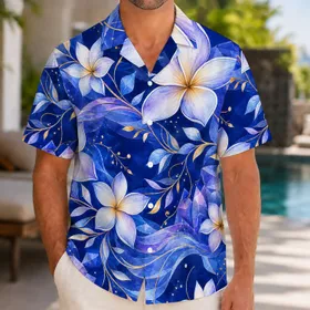Blue Plumeria Floral Tropical Resort Style For Beach Vacations And Summer Parties Hawaiian Shirt