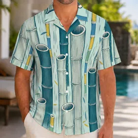 Mid Century Geometric Bamboo Grove Tropical Aloha Resort Summer Vacation Wear For Men Hawaiian Shirt