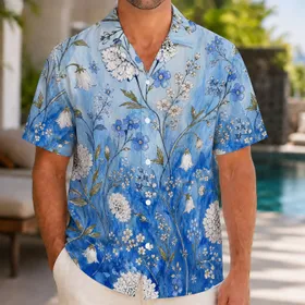 Blue White Wildflower Botanical Garden For Beach Resort Vacation Summer Wear For Men Hawaiian Shirt