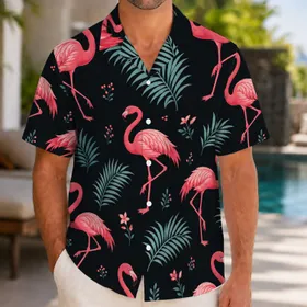 Coral Flamingos and Teal Palm Fronds for Tropical Vacation Resort Travel Looks Hawaiian Shirt