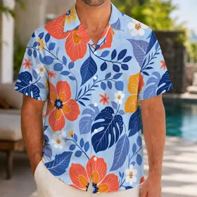 Tropical Coral And Indigo Flowers For Beach Vacations And Relaxed Resort Weekends Hawaiian Shirt