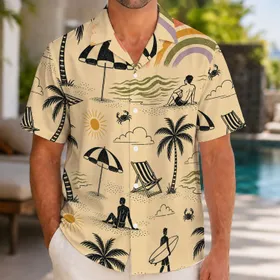 Retro Beach Palms Surfboards Umbrellas And Beachgoers For Summer Vacation Resort Wear Hawaiian Shirt