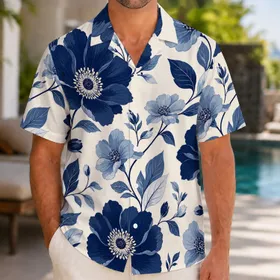 Navy Tropical Floral Botanical Aloha Resort Wear For Beach Vacations And Summer Parties Hawaiian Shirt
