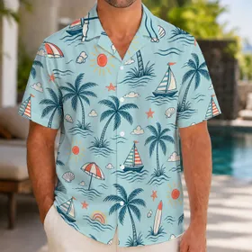 Coastal Palm Trees Sailboats And Surfboards For Beach Vacations And Resort Getaways Hawaiian Shirt