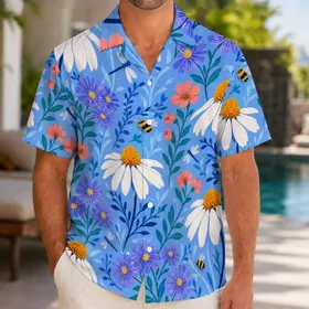 Retro Daisy Meadow With Bumblebees For Garden Parties, Beach Trips And Summer Travel Hawaiian Shirt