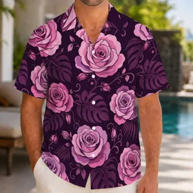 Blush Pink Roses On Plum Tropical Florals For Resort Vacations And Cruise Travel Hawaiian Shirt