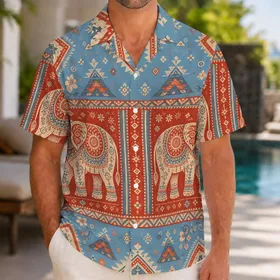 Asian Elephant Folk Art Motifs for Resort Travel, Beach Days and Summer Festivals Hawaiian Shirt