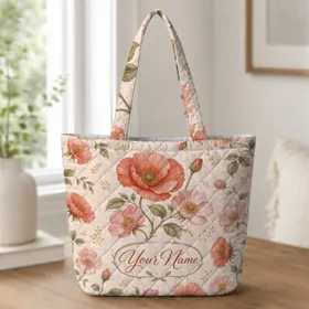 Vintage Poppy And Wild Rose Florals For Romantic Everyday Carry And Garden Lovers Quilted Tote Bag