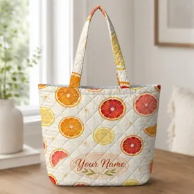 Watercolor Citrus Slice Beach And Travel Gift For Fruit Lovers With Name Medallion Quilted Tote Bag