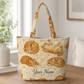Orange Tabby Cat Lounge Motifs For Cozy Everyday Errands And Thoughtful Cat Lover Gifts Quilted Tote Bag