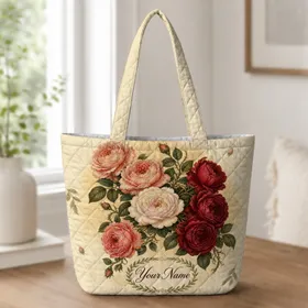 Vintage Rose Garden Bouquet Gift For Weddings, Birthdays, And Everyday Carry For Her Quilted Tote Bag