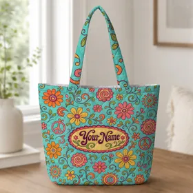 Retro Boho Floral Peace Symbols For Groovy Everyday Style And Thoughtful Gift Giving Quilted Tote Bag