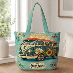 Retro Flower Power Microbus For Summer Road Trips, Boho Travel, And Hippie Style Lovers Quilted Tote Bag