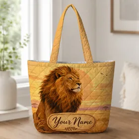 Majestic African Lion Sunset Travel Companion For Safari Lovers And Everyday Errands Quilted Tote Bag