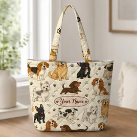 Cheerful Dog Portraits and Paw Accents for Gym Travel and Everyday Use Pet Lovers Quilted Tote Bag
