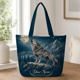 Howling Wolf Moon Mountain Night Sky For Hiking Travel And Outdoor Adventure Lovers Quilted Tote Bag