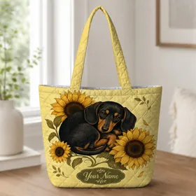 Sleepy Black And Tan Dachshund With Sunflowers For Autumn Getaways And Dog Lovers Quilted Tote Bag