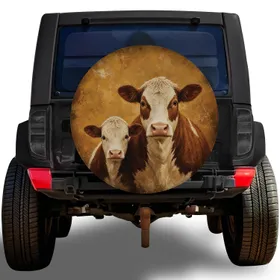 Warm Brown And White Cow And Calf Portrait For Farmhouse Ranch Road Trip Animal Lovers Spare Tire Cover