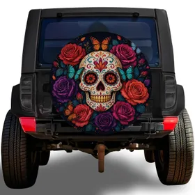Day Of The Dead Sugar Skull With Roses For Halloween Road Trip And Fall Travel Spare Tire Cover