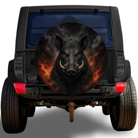 Fierce Wild Boar Firestorm Scene for Off Road Camping and Hunting Trail Enthusiasts Spare Tire Cover
