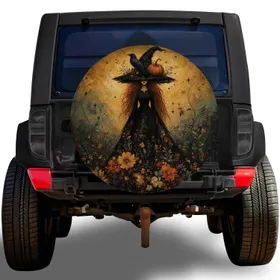 Halloween Witch Raven Pumpkin Gothic SUV Decor For Spooky Autumn Camping Adventures Spare Tire Cover