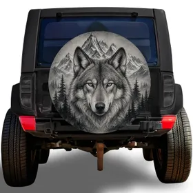 Gray Wolf Alpine Mountain Wilderness Emblem For Outdoor Adventure SUV Jeep Drivers Spare Tire Cover