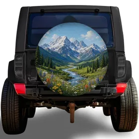 Snowy Mountain Valley River Wildflowers For RV Camping And Outdoor Travel Enthusiasts Spare Tire Cover