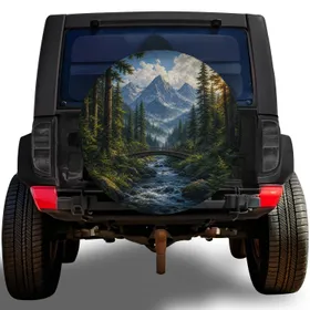 Evergreen Mountain Valley Bridge Scene For RV Camping And Outdoor Road Trip Adventures Spare Tire Cover