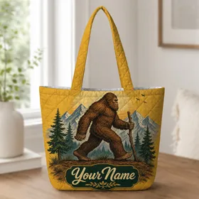 Vintage Sasquatch Mountain Scene For Hiking Trips And Outdoor Adventure And Nature Lovers Quilted Tote Bag