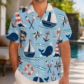 Retro Nautical Boats Whales Anchors For Beach Vacation Cruise Travel Mens Resort Wear Hawaiian Shirt