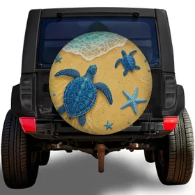 Blue Sea Turtles And Starfish Coastal Beach Style For RV Camping And Ocean Lovers Spare Tire Cover