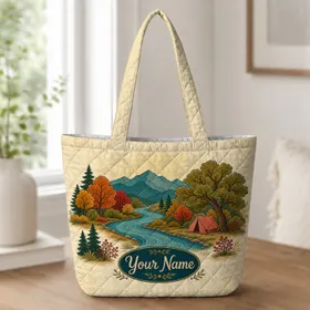 Autumn Mountain River Camp Scene for Weekend Getaways and Nature Loving Travelers Quilted Tote Bag