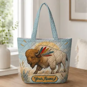 American Bison Feather Accent for Prairie Travel, Errands and Outdoor Wildlife Lovers Quilted Tote Bag