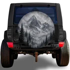 Monochrome Alpine Mountain And Pine Forest For Overland Adventure And Outdoor Drivers Spare Tire Cover