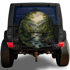 Evergreen Forest Creek Bridge Scene For Camping, Hiking, And Outdoor Travel Adventure Spare Tire Cover