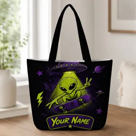 Alien Skater UFO Cosmic Punk Streetwear Style For School Travel And Everyday Carry Quilted Tote Bag