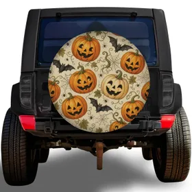 Watercolor Halloween Pumpkins Bats And Spiders For Festive Autumn Camping Road Trips Spare Tire Cover