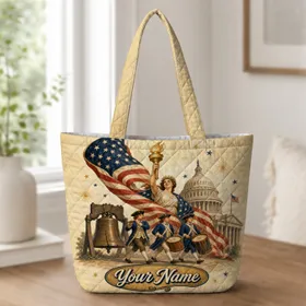 Patriotic Liberty Torch Flag Bell Americana Gift For Independence Day Celebrations Quilted Tote Bag