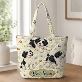 Shaggy Black And White Puppy Paws For Everyday Errands, Travel, And Dog Lover Gifts Quilted Tote Bag