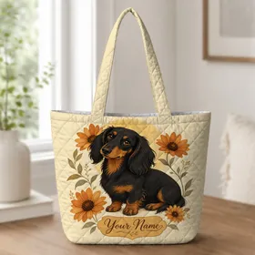 Black And Tan Dachshund With Autumn Flowers For Work Weekend And Dog Lovers Gift Quilted Tote Bag