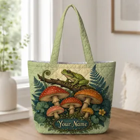 Green Tree Frog And Woodland Mushrooms For Nature Lovers, Camping Trips And Errands Quilted Tote Bag
