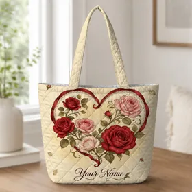 Vintage Rose Heart Floral Gift for Romantic Travel, Everyday Errands, and Garden Lovers Quilted Tote Bag