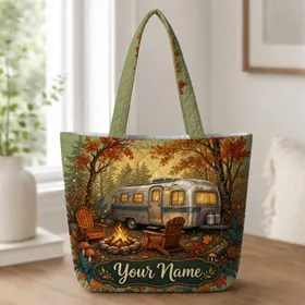 Vintage Autumn Camper Campfire Scene For Cozy Travel, Cabin Weekends And Nature Lovers Quilted Tote Bag