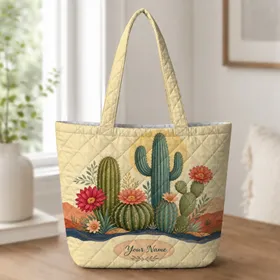 Desert Cactus Flower Garden For Boho Market Trips, Travel, And Everyday Carry Adventures Quilted Tote Bag