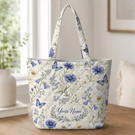 Blue Daisy Butterfly Meadow Florals For Daily Commute Travel Shopping Gift Giving Quilted Tote Bag