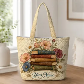 Vintage Floral Book Stack For Library Trips, Campus Days And Thoughtful Reader Gifts Quilted Tote Bag