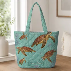 Sea Turtle Ocean Travel Companion for Beach Days, Marine Life Lovers and Gift Giving Quilted Tote Bag