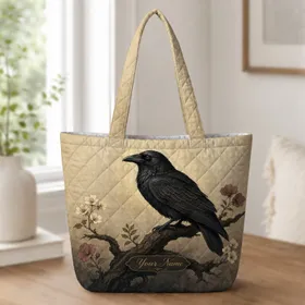 Black Raven Floral Gothic Nature For Everyday Carry And Dark Cottagecore Lovers Quilted Tote Bag