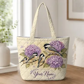 Chickadees And Lilac Hydrangeas For Everyday Errands, Travel, And Nature Lovers Quilted Tote Bag
