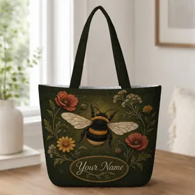 Vintage Bumblebee Wildflowers For Autumn Travel, Garden Days And Nature Lover Gifts Quilted Tote Bag